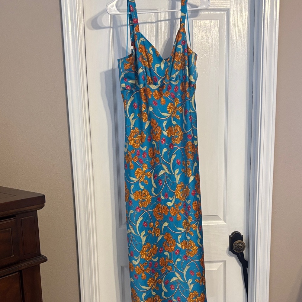 Vibrant Floral Maxi Dress in Blue and Orange